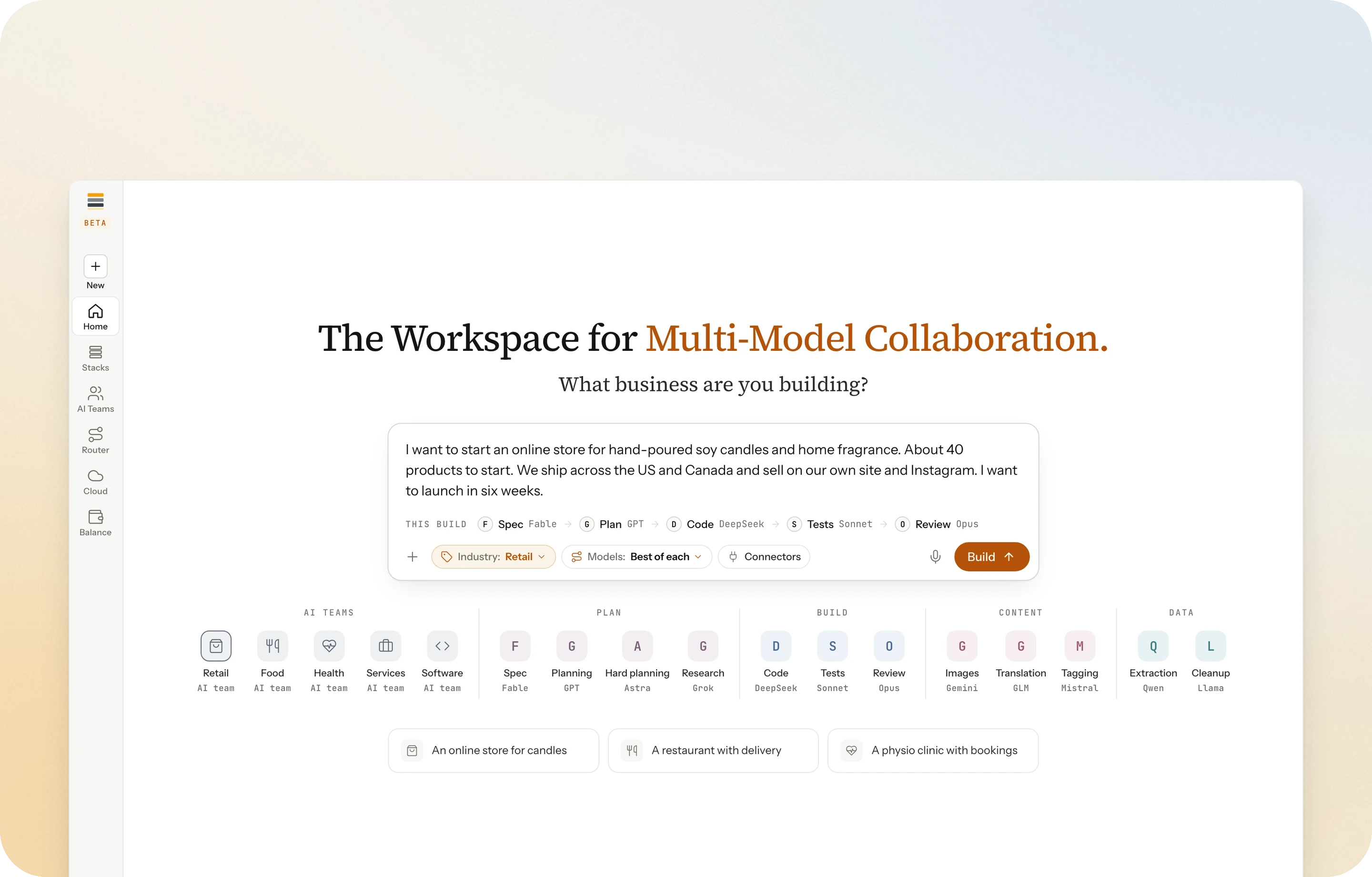 The ZB Stack workspace, headed “The Workspace for Multi-Model Collaboration.” and “What business are you building?”: a box with a candle store described in it, the five models that will share the build (spec on Fable, plan on GPT, code on DeepSeek, tests on Sonnet, review on Opus), and below it the AI teams by industry and the twelve models grouped by the work they do.